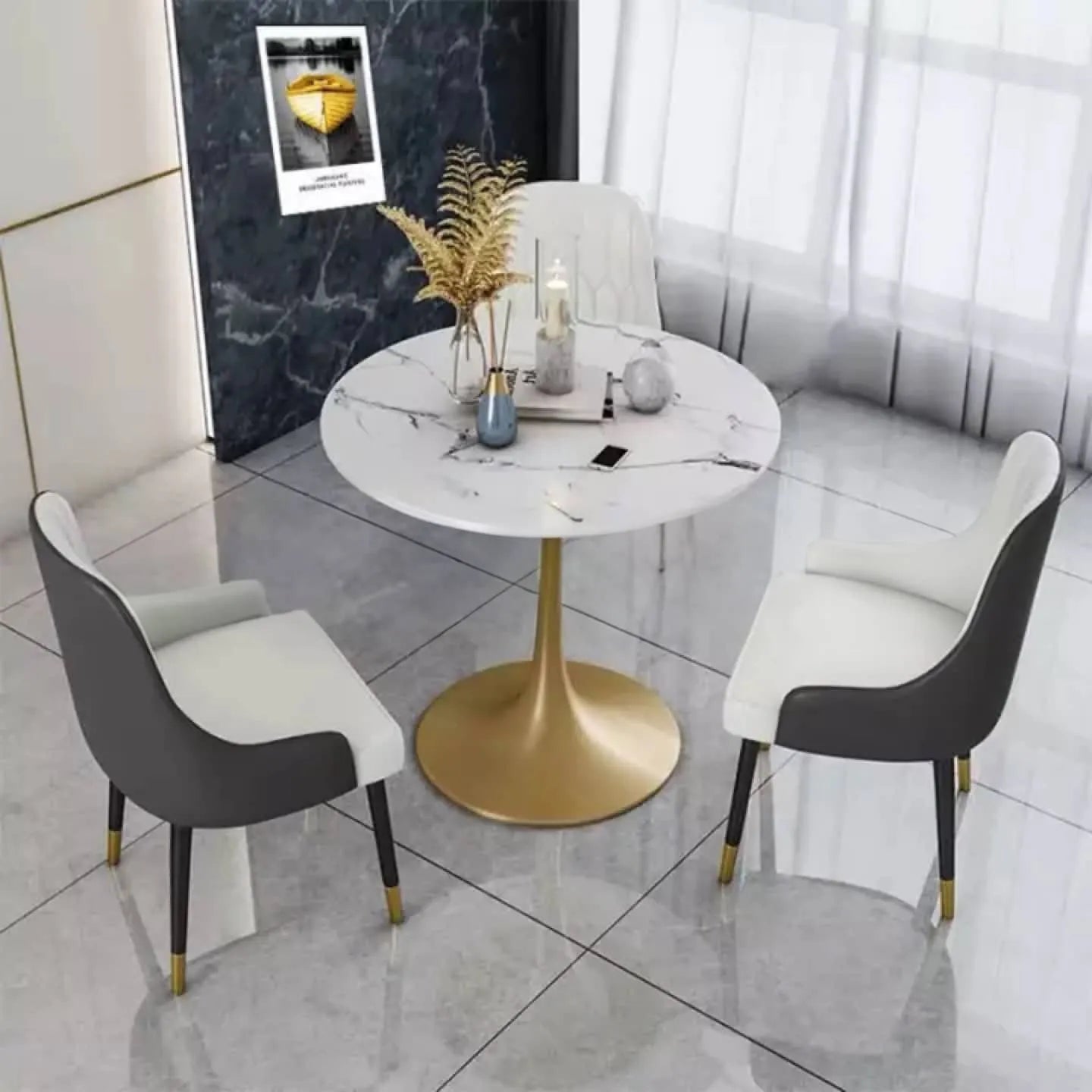 Stylish Round Dining Table with Sintered Stone and Faux Leather for Modern Homes fdfh-2216