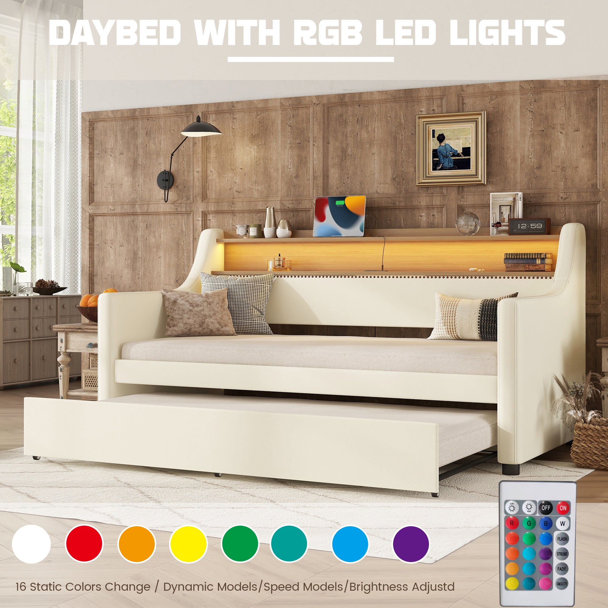 Twin Size Daybed with Trundle, Upholstered Sofa Bed with Charging Station and LED Lights, White