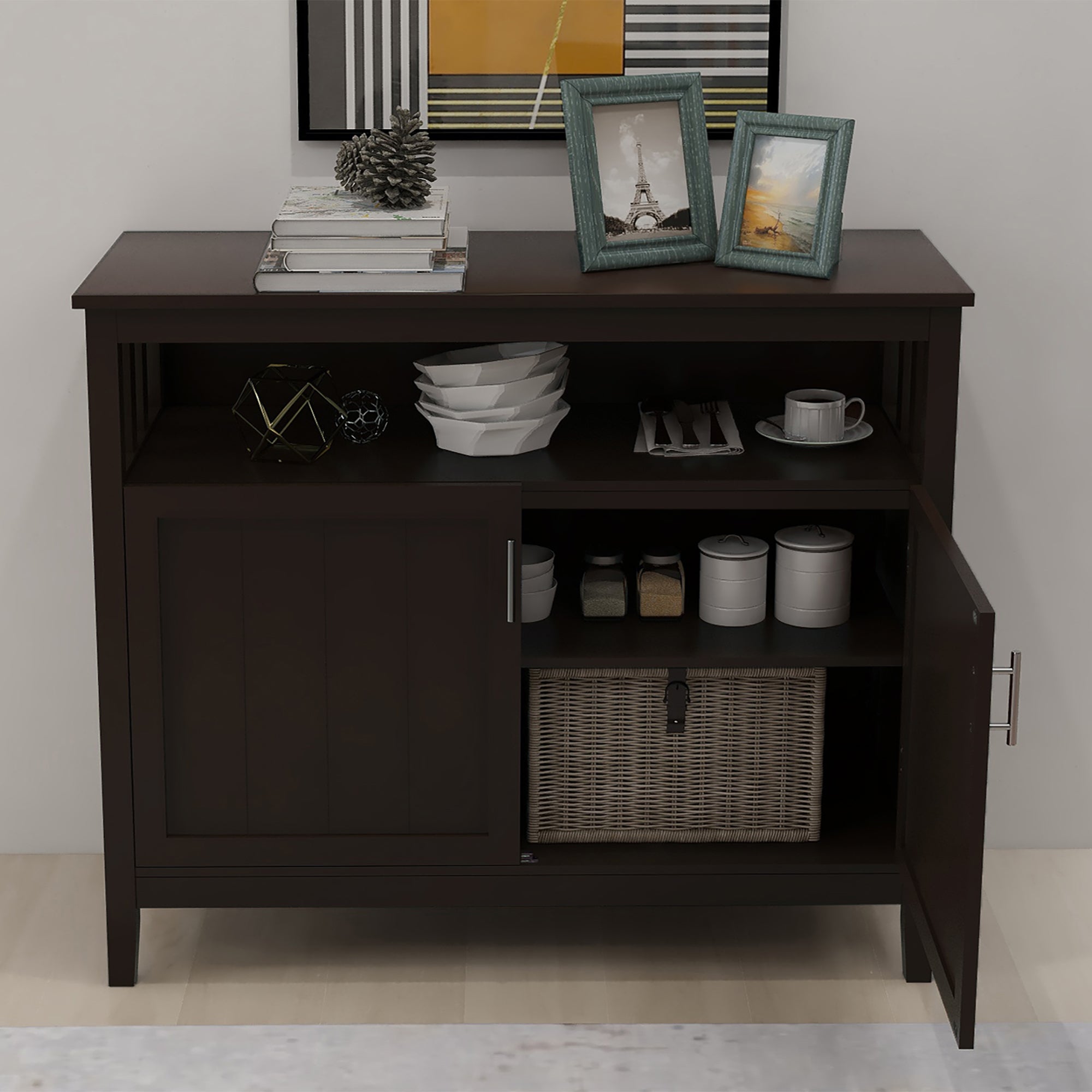 40" Brown MDF Sideboard with Doors for Storage - Ideal Buffet Design for Dining Room