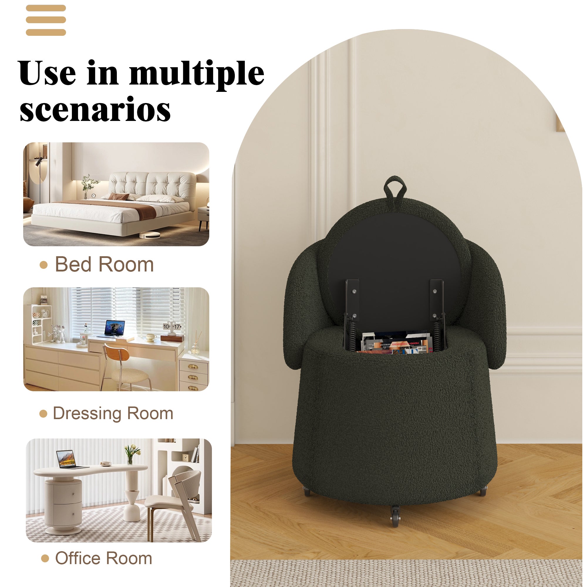 Modern 23" Movable Dark Green Storage Chair - Multi-Functional Design in Teddy Fleece for Living Room