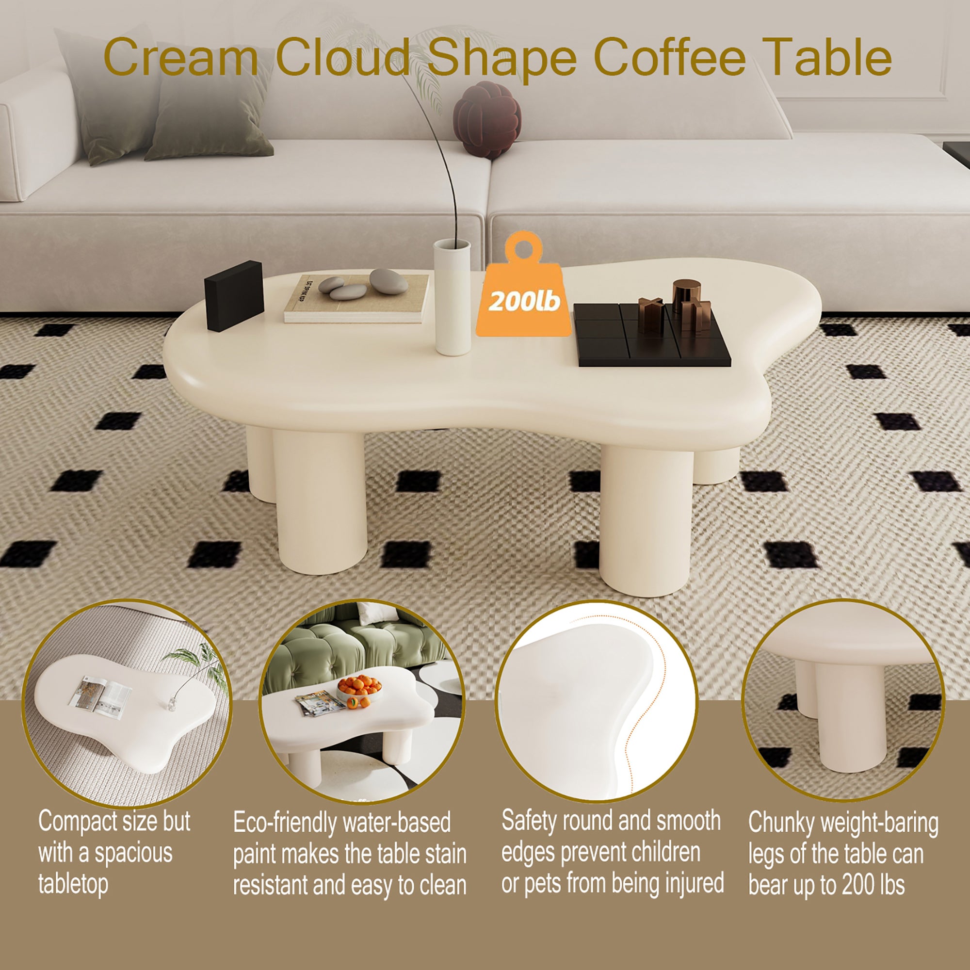 40 Inch Cloud Shaped Coffee Table for Living Room, Beige