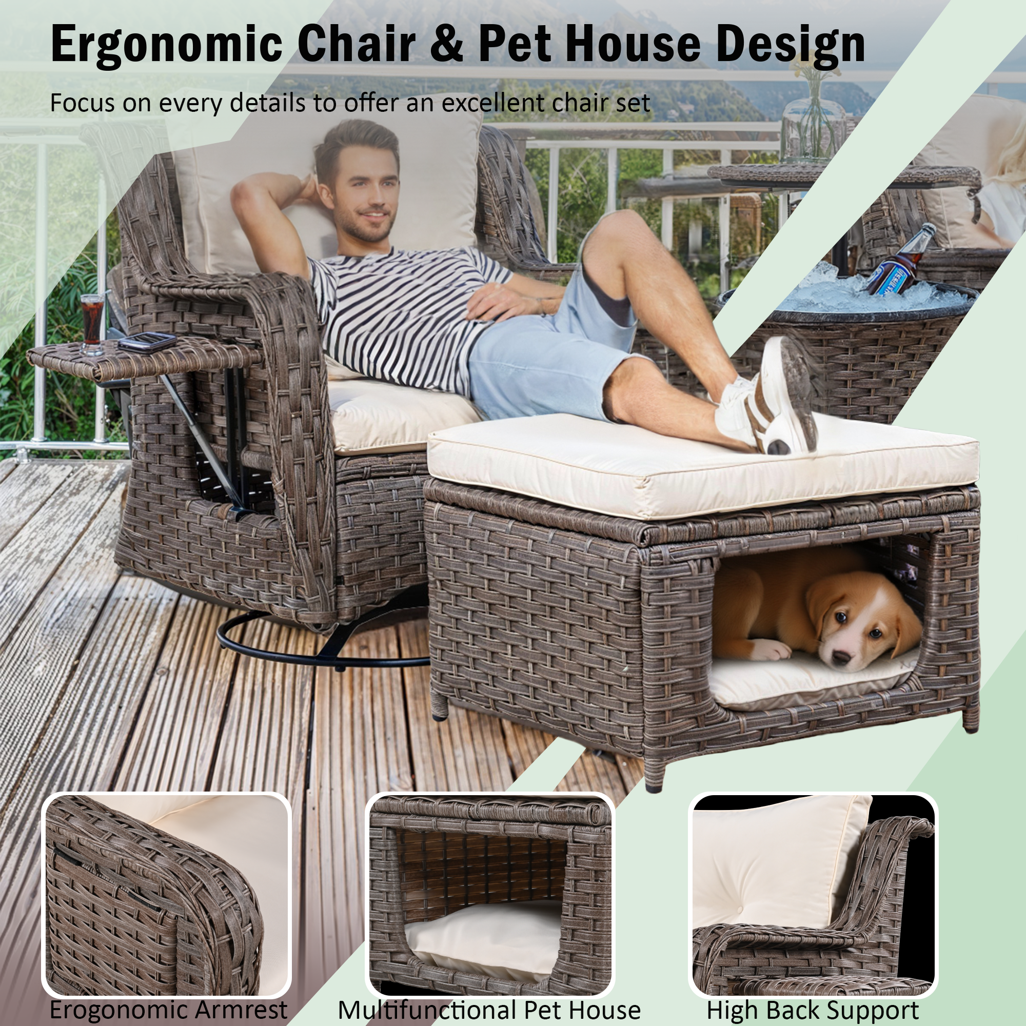 K&K 5 Pieces Outdoor Patio Furniture Set with Pet House Cool Bar and Retractable Side Tray, Rattan Wicker Patio Swivel Rocking Chairs Set of 2 with Ottomans for Backyard, Porch, Balcony, Beige