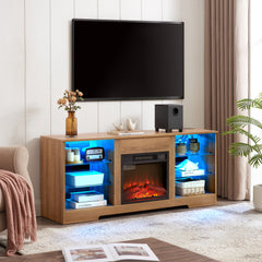 Electric Fireplace TV Stand with Glass Shelves, LED Lights, USB Charging Outlet, Fits TVs up to 62", Natural