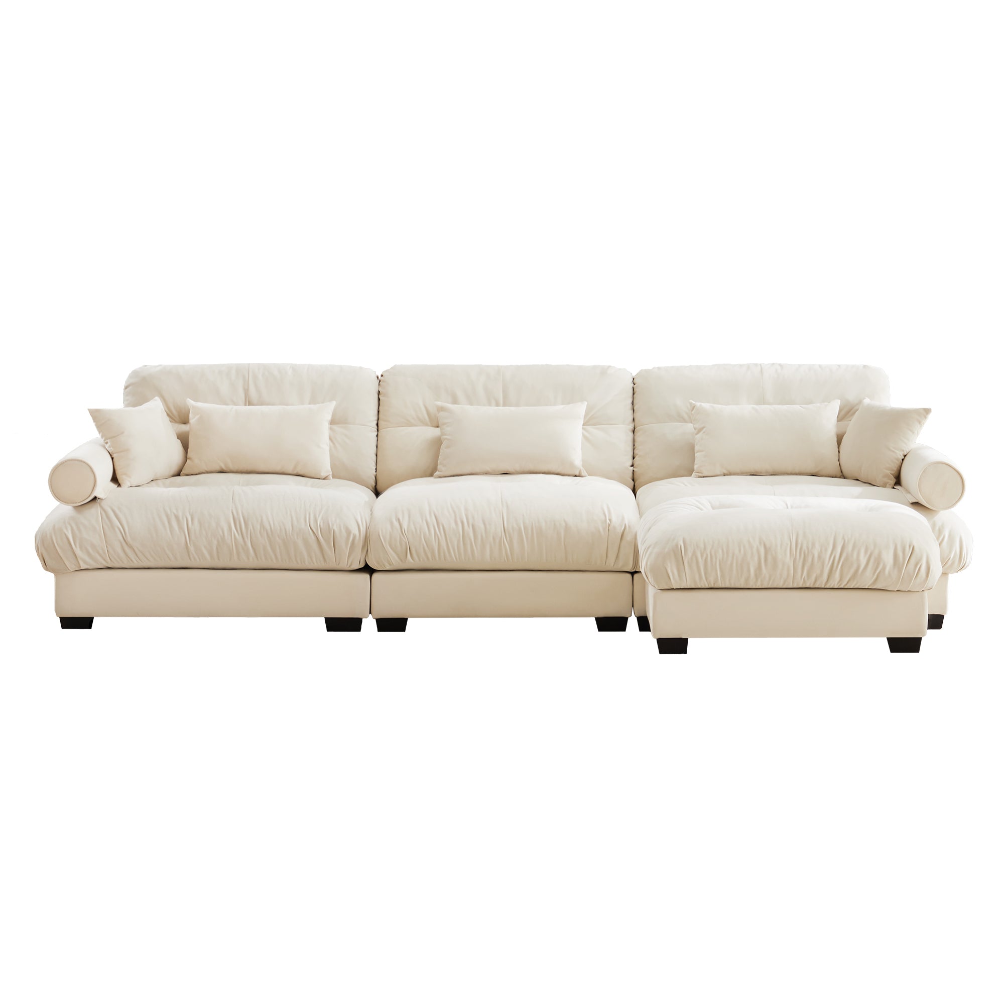 Oversized Modular Velvet Sectional Sofa with Ottoman, Deep Seat L-Shaped Cloud Couch for Living Room, Cream