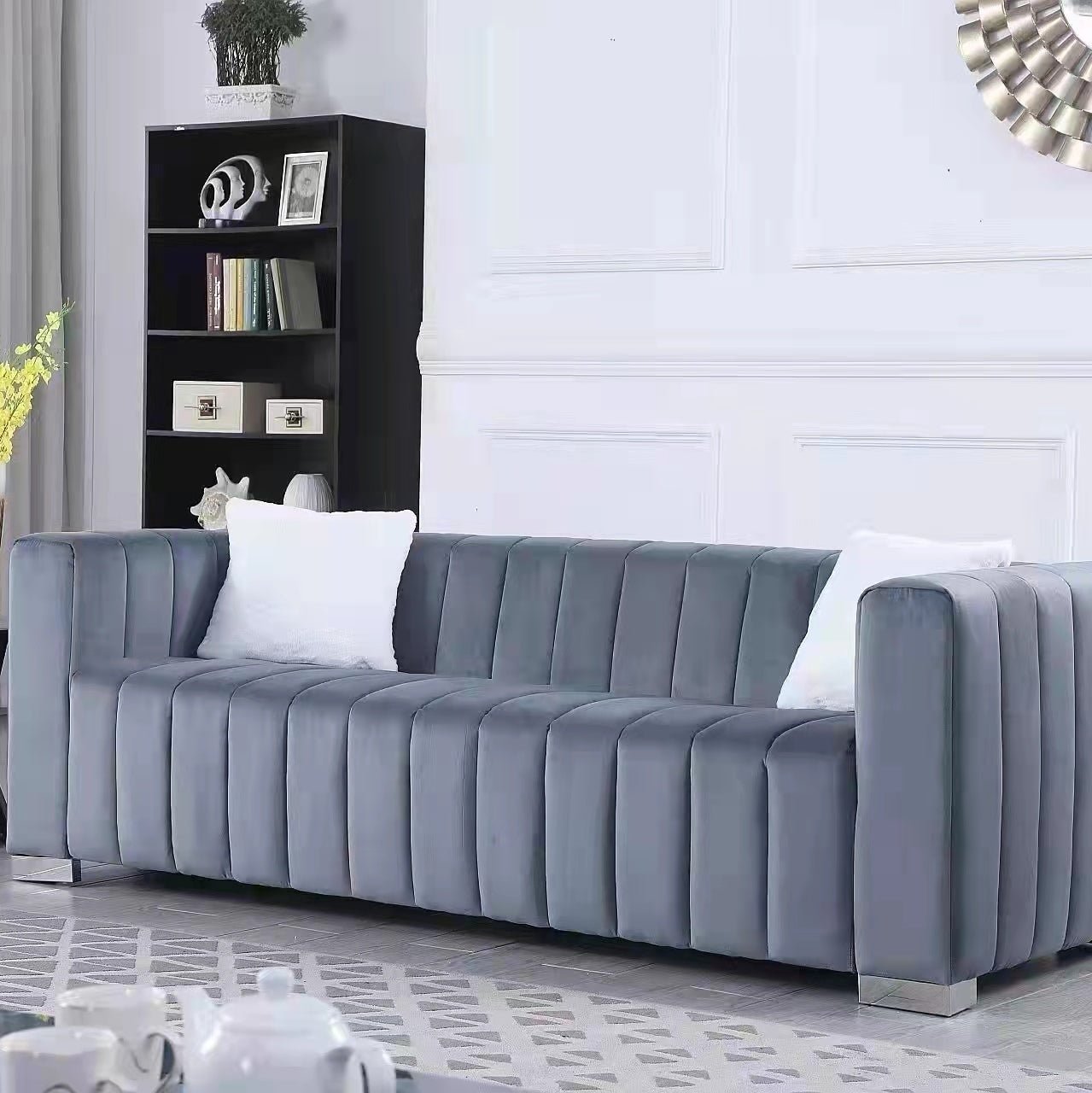 A modern  channel sofa  take on a traditional Chesterfield,Grey color,3 seater