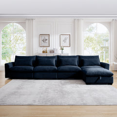 Large L Shape Sectional Corduroy Sofa,Deep Seat Couch with Storage Footstool and 4 Waist Pillows, Blue