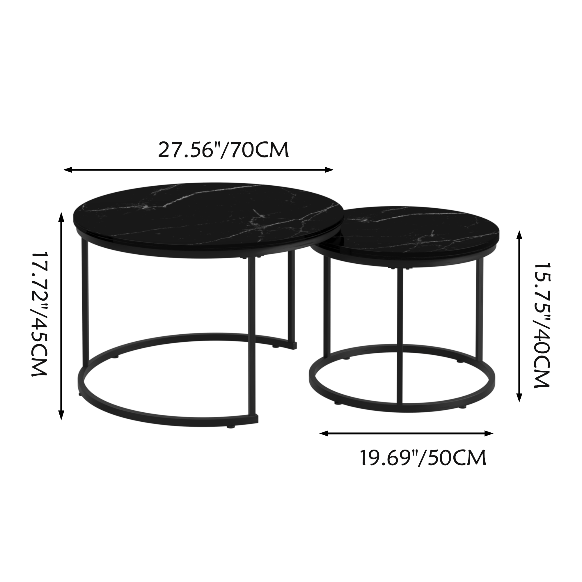 Nesting Coffee Table Set of 2, 27.6inch Round Coffee Table Wood Marble Pattern Top with Sturdy Metal Frame, End Table Side Tables for Living Room Bedroom Balcony Yard (Black)