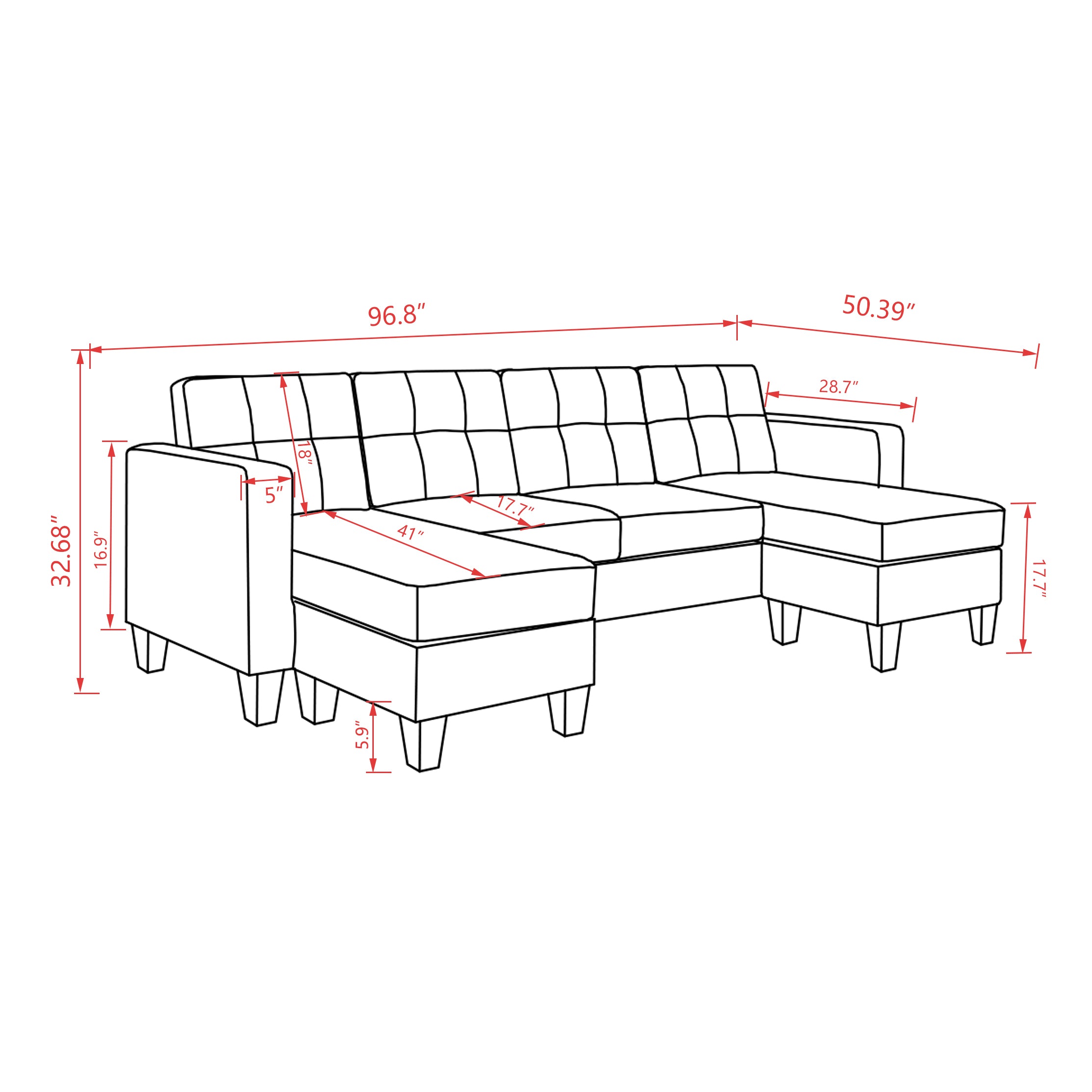 U-Shaped Sofa Coch 4-Seat Sofa with Chaise Polyester Fabric for Living Room Apartment Office (Blue)