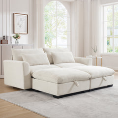 Corduroy Two-Seater Sofa with 2 Storage Footrest, 2 Seater Sectional  deep seat sofa,Comfy Couches for Living Room ,Beige Sofa