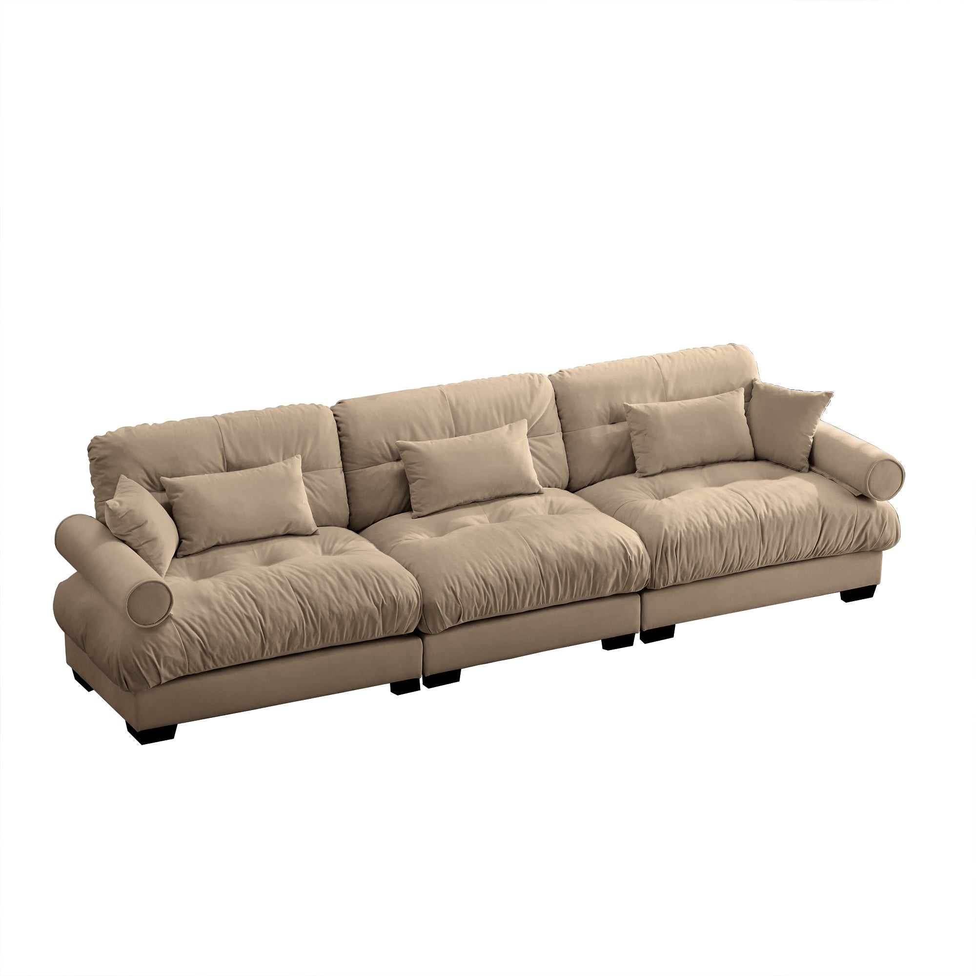 Extra-Large 3-Seater Modern Velvet Sofa, Oversized Cloud-Like Comfort with Waist and Throw Pillows, Camel