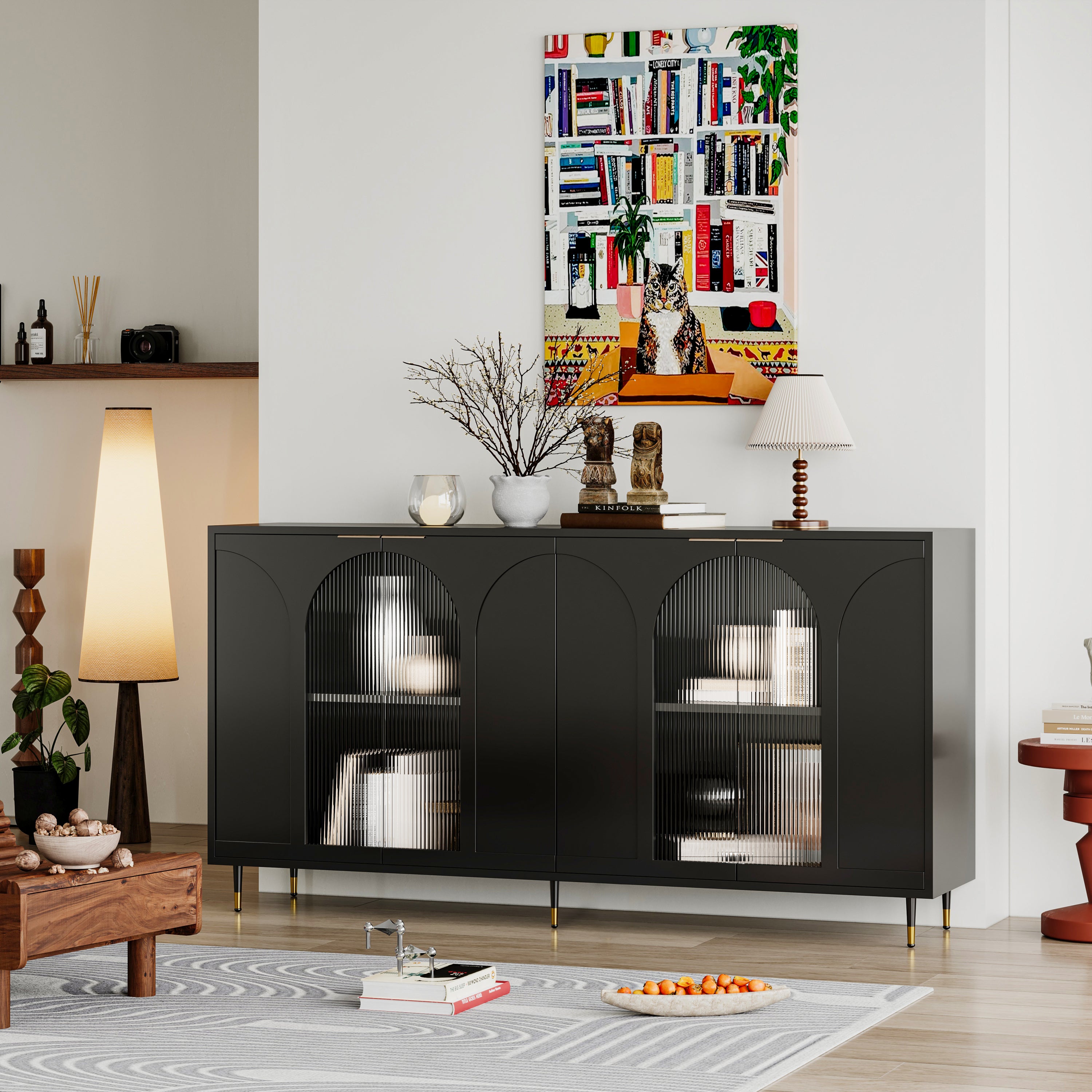 Accent Cabinet Black Lacquered Wooden Cabinet with 4 Glass Doors Sideboard Buffet Server Cabinet Storage Cabinet, for Living Room, Entryway, Hallway, Office, Kitchen and Dining Room