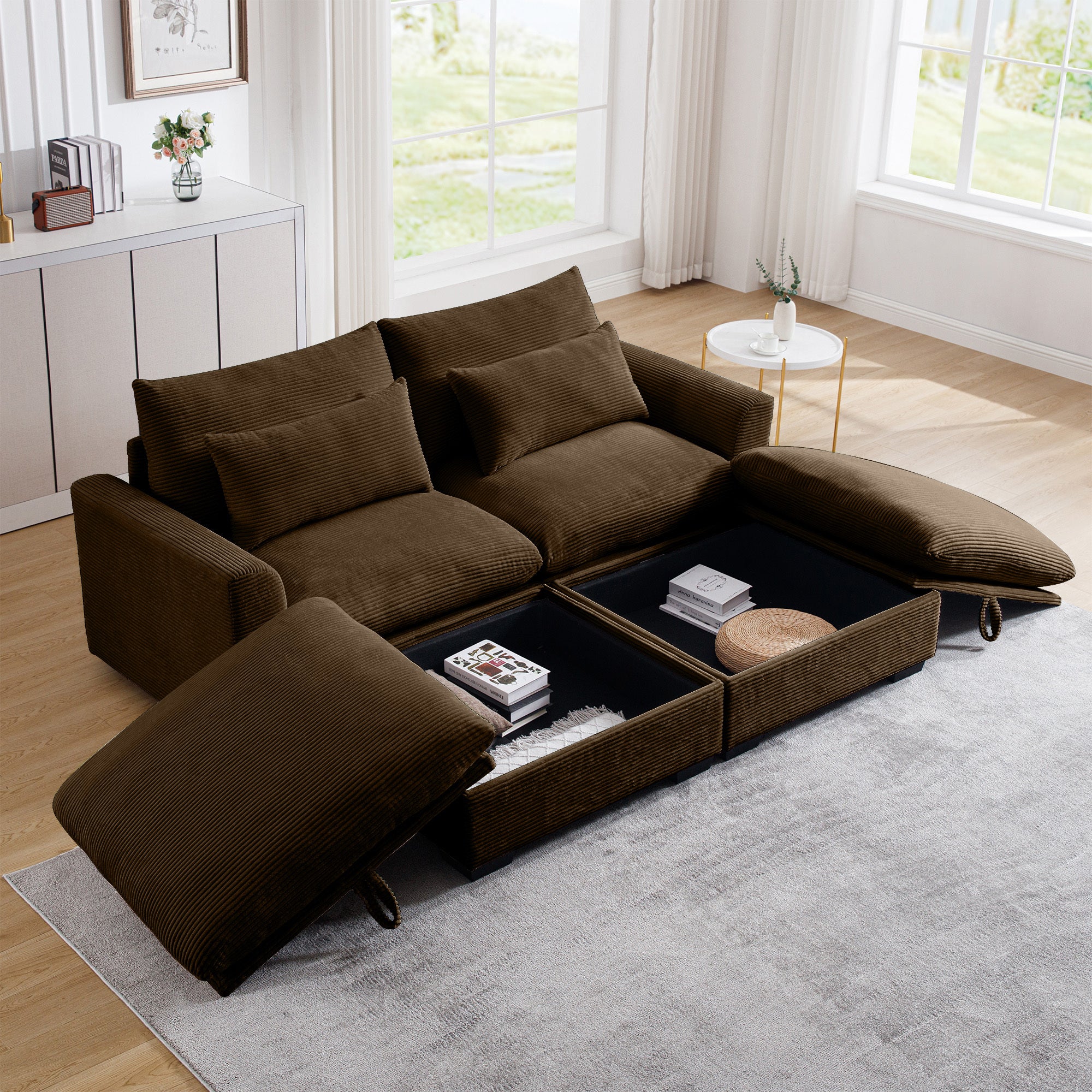 Corduroy Loveseat with 2 Storage Footrest - Deep Seat Brown Sofa for Living Room