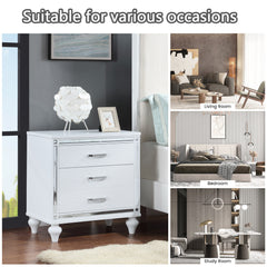 Contemporary Nightstands with mirror frame accents, Bedside Table with two drawers and one hidden drawer, End Table with Crystal Pull for Living Room,Bedroom, White