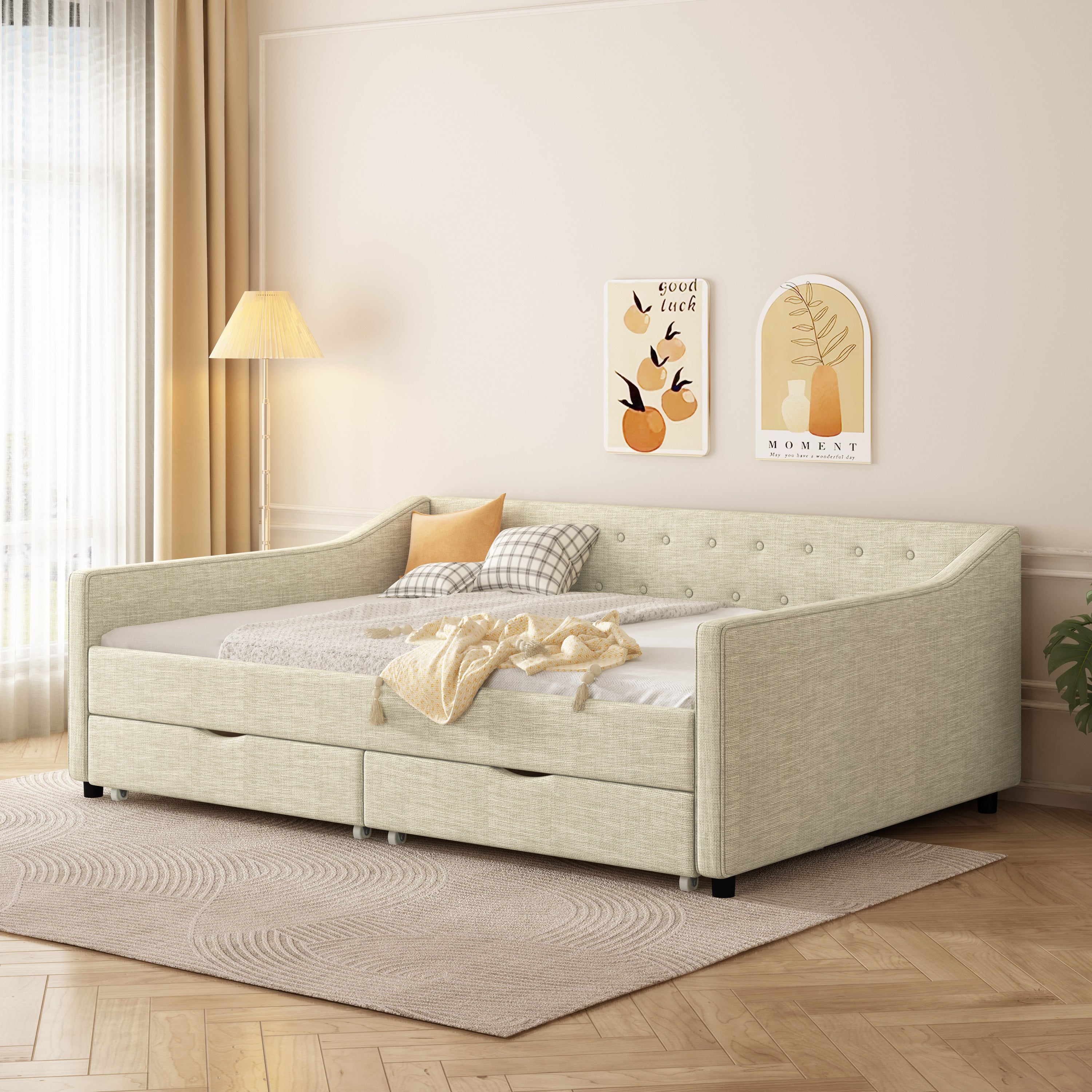 Full Size Daybed with Drawers Upholstered Tufted Sofa Bed, with Button on Back and Piping on Waved Shape Arms-Beige