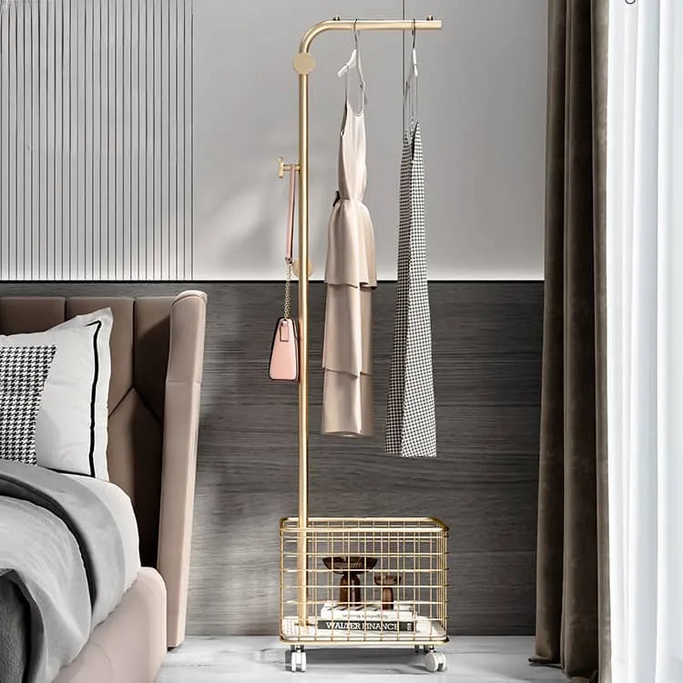 Stylish Gold Metal Coat Hanger with Storage Basket - Elegant Clothing Rack for Modern Bedrooms fel-1974