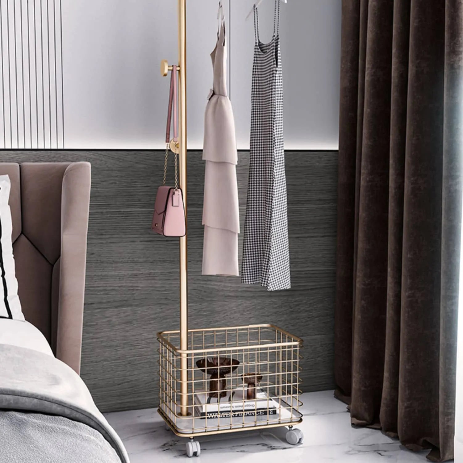 Stylish Gold Metal Coat Hanger with Storage Basket - Elegant Clothing Rack for Modern Bedrooms fel-1974