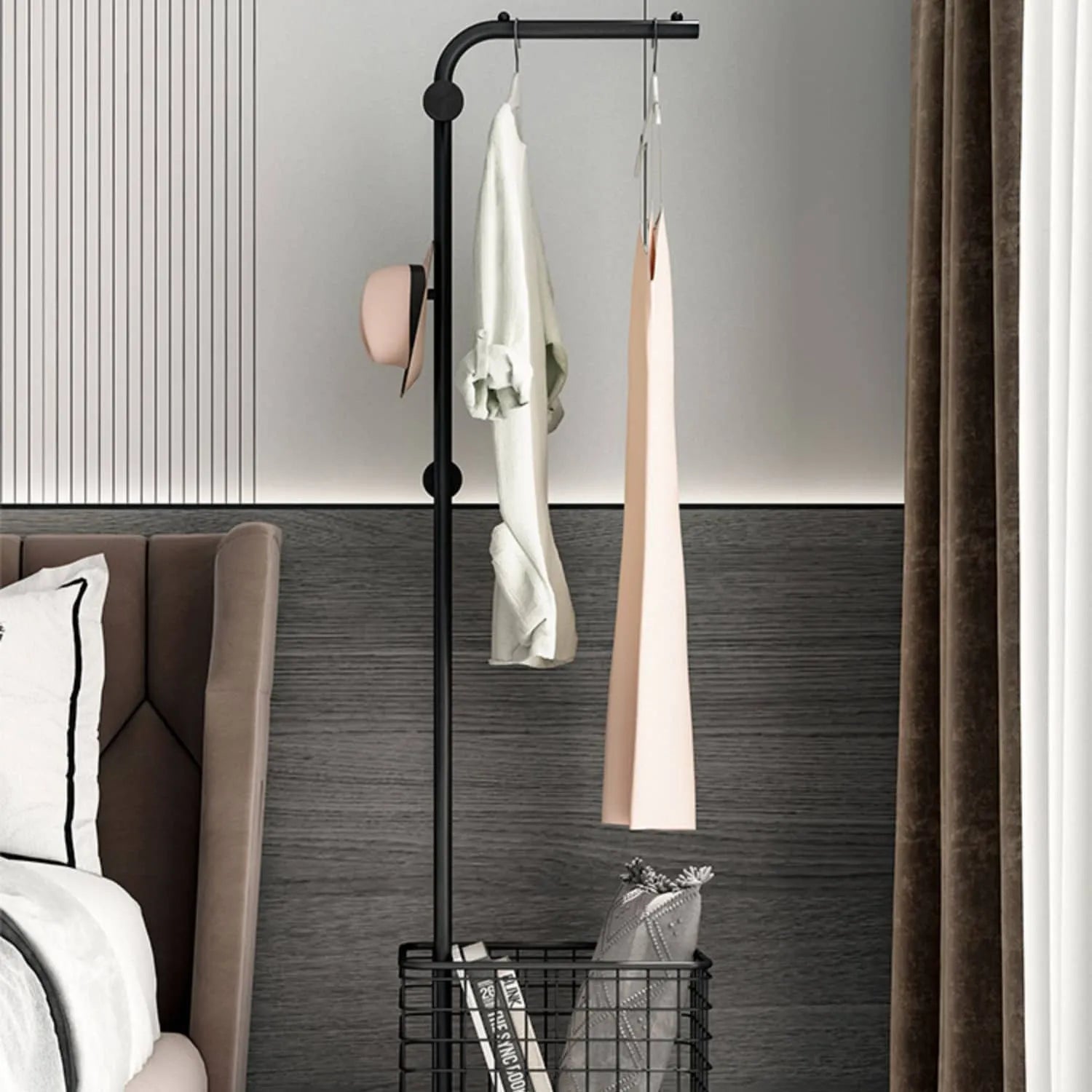 Stylish Gold Metal Coat Hanger with Storage Basket - Elegant Clothing Rack for Modern Bedrooms fel-1974