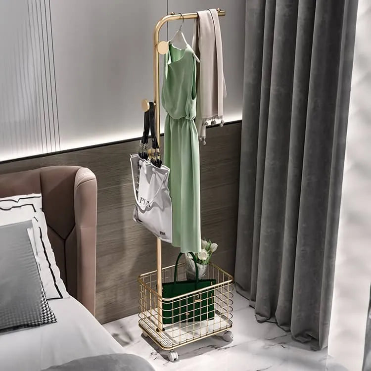 Stylish Gold Metal Coat Hanger with Storage Basket - Elegant Clothing Rack for Modern Bedrooms fel-1974