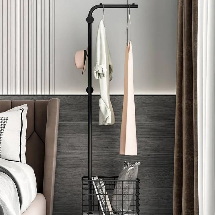 Stylish Gold Metal Coat Hanger with Storage Basket - Elegant Clothing Rack for Modern Bedrooms fel-1974