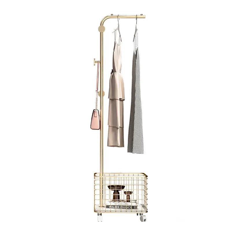 Stylish Gold Metal Coat Hanger with Storage Basket - Elegant Clothing Rack for Modern Bedrooms fel-1974