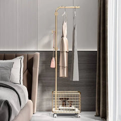 Stylish Gold Metal Coat Hanger with Storage Basket - Elegant Clothing Rack for Modern Bedrooms fel-1974