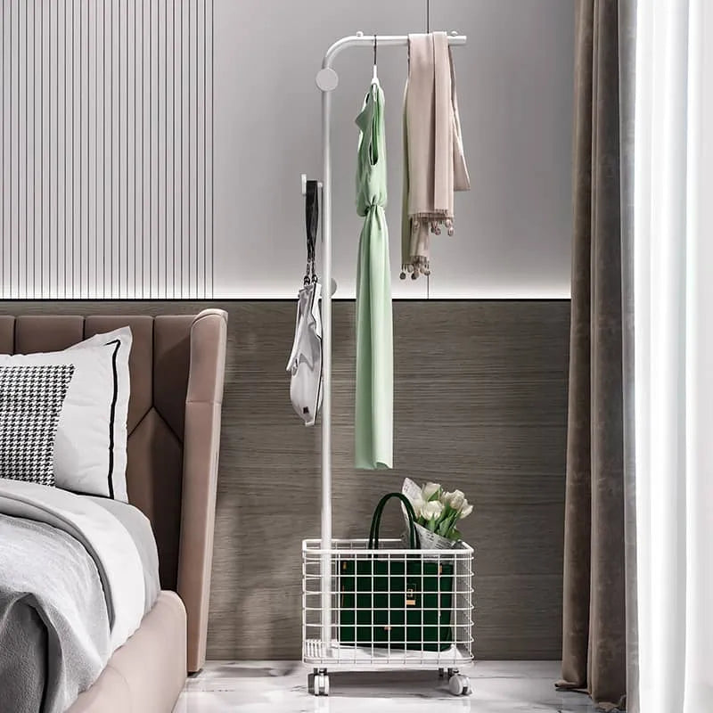 Stylish Gold Metal Coat Hanger with Storage Basket - Elegant Clothing Rack for Modern Bedrooms fel-1974