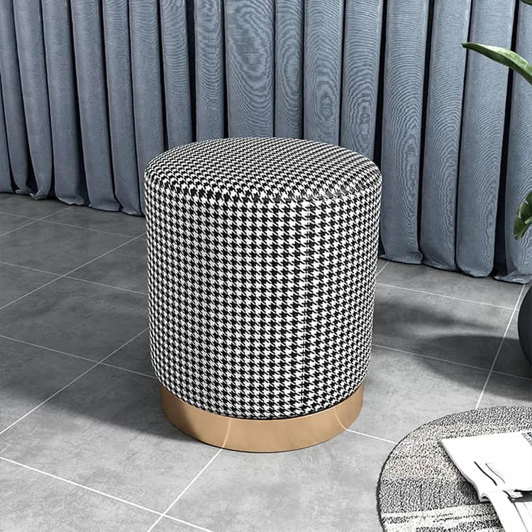 Chic Faux Leather Cotton Linen Houndstooth Stool with Gold Base - Modern Accent Stool for Living Room fel-1990