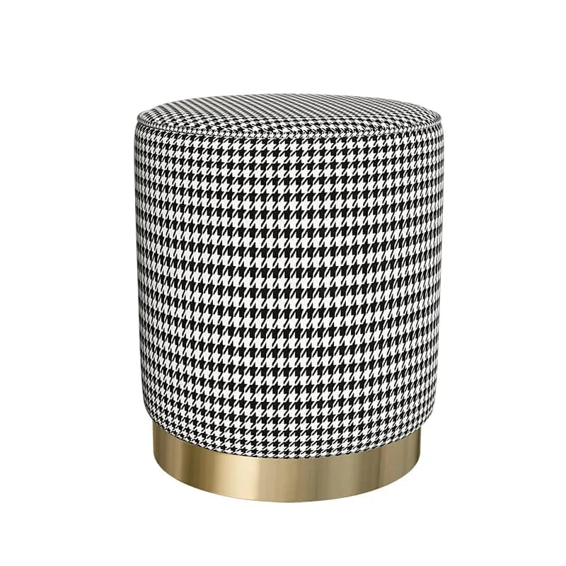 Chic Faux Leather Cotton Linen Houndstooth Stool with Gold Base - Modern Accent Stool for Living Room fel-1990