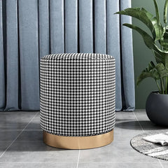 Chic Faux Leather Cotton Linen Houndstooth Stool with Gold Base - Modern Accent Stool for Living Room fel-1990