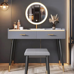 Luxury Sintered Stone & Faux Leather Makeup Table with LED Mirror - Modern Vanity Desk for Elegant Spaces fel-1994