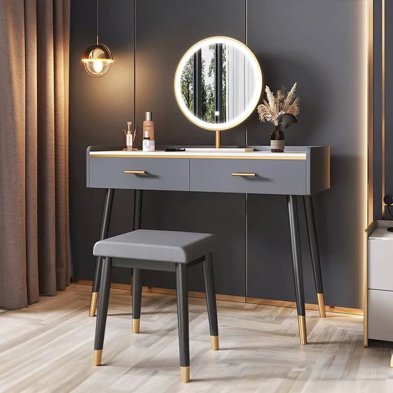 Luxury Sintered Stone & Faux Leather Makeup Table with LED Mirror - Modern Vanity Desk for Elegant Spaces fel-1994