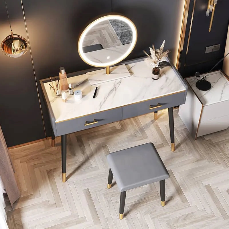 Luxury Sintered Stone & Faux Leather Makeup Table with LED Mirror - Modern Vanity Desk for Elegant Spaces fel-1994