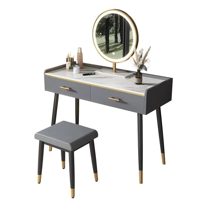 Luxury Sintered Stone & Faux Leather Makeup Table with LED Mirror - Modern Vanity Desk for Elegant Spaces fel-1994