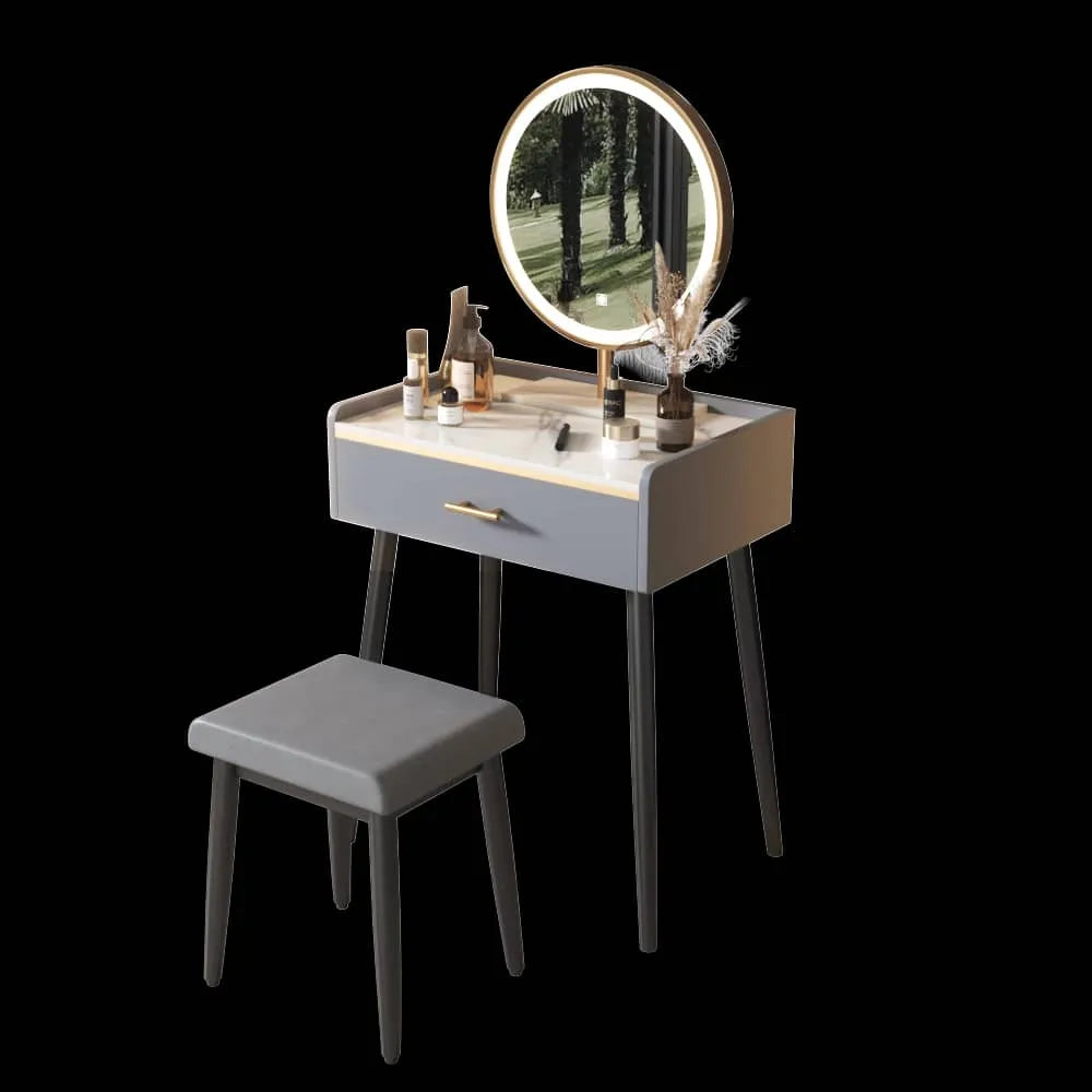 Luxury Sintered Stone & Faux Leather Makeup Table with LED Mirror - Modern Vanity Desk for Elegant Spaces fel-1994