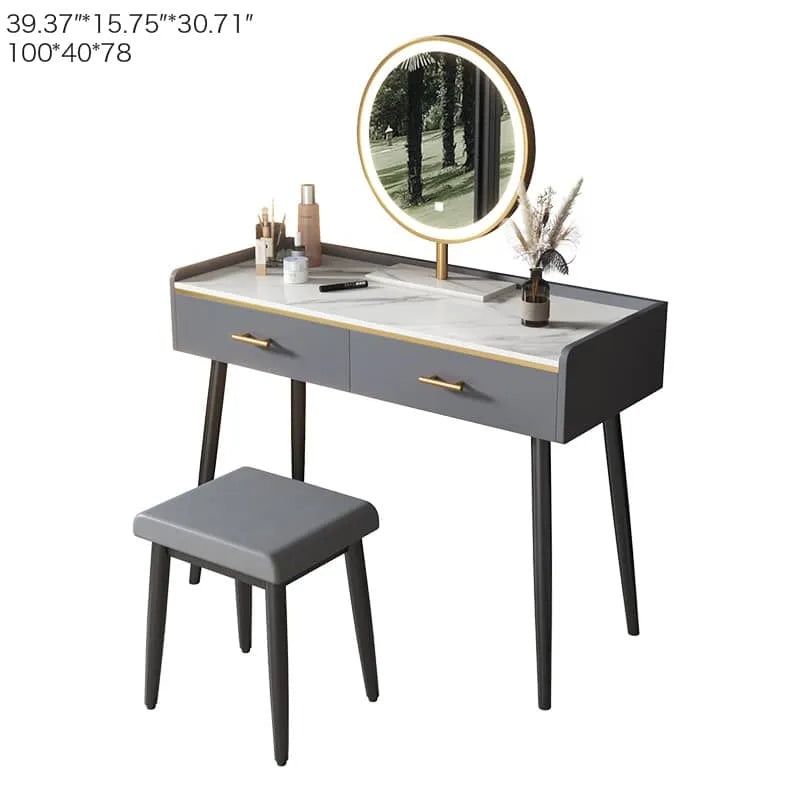 Luxury Sintered Stone & Faux Leather Makeup Table with LED Mirror - Modern Vanity Desk for Elegant Spaces fel-1994