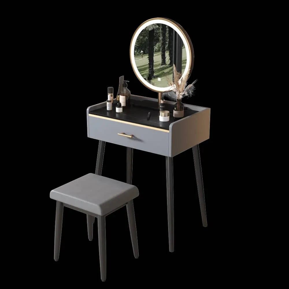 Luxury Sintered Stone & Faux Leather Makeup Table with LED Mirror - Modern Vanity Desk for Elegant Spaces fel-1994