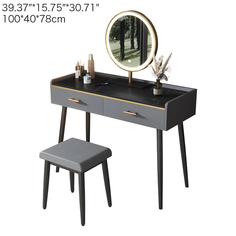 Luxury Sintered Stone & Faux Leather Makeup Table with LED Mirror - Modern Vanity Desk for Elegant Spaces fel-1994