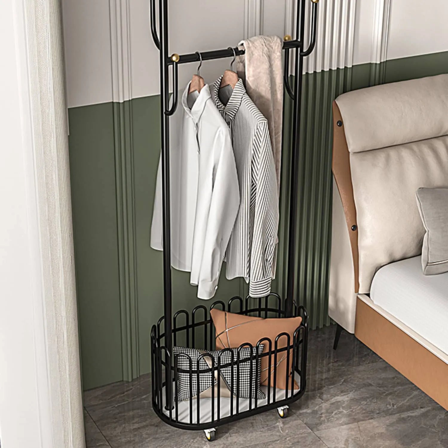 Elegant Metal Coat Hanger with Storage Basket and Wheels for Modern Living Spaces fel-2007