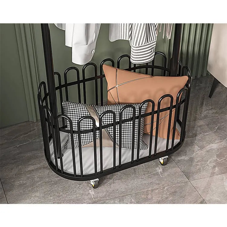 Elegant Metal Coat Hanger with Storage Basket and Wheels for Modern Living Spaces fel-2007