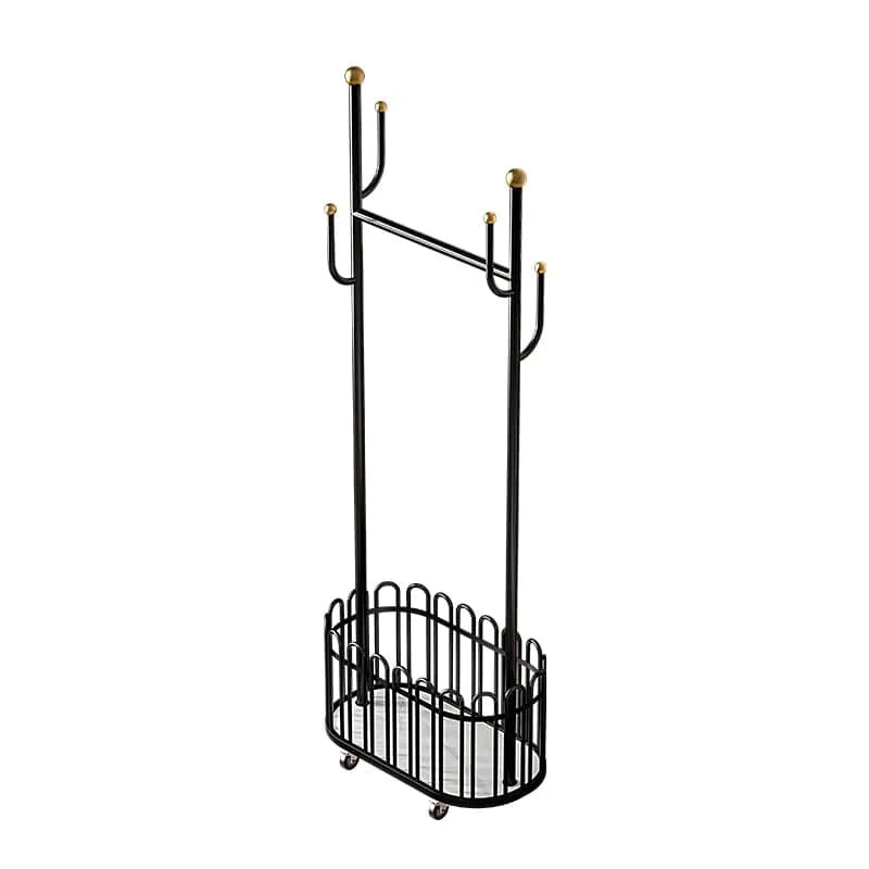 Elegant Metal Coat Hanger with Storage Basket and Wheels for Modern Living Spaces fel-2007