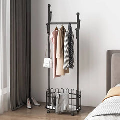 Elegant Metal Coat Hanger with Storage Basket and Wheels for Modern Living Spaces fel-2007