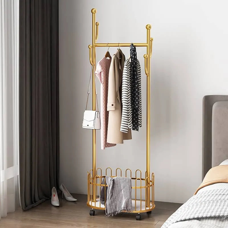 Elegant Metal Coat Hanger with Storage Basket and Wheels for Modern Living Spaces fel-2007