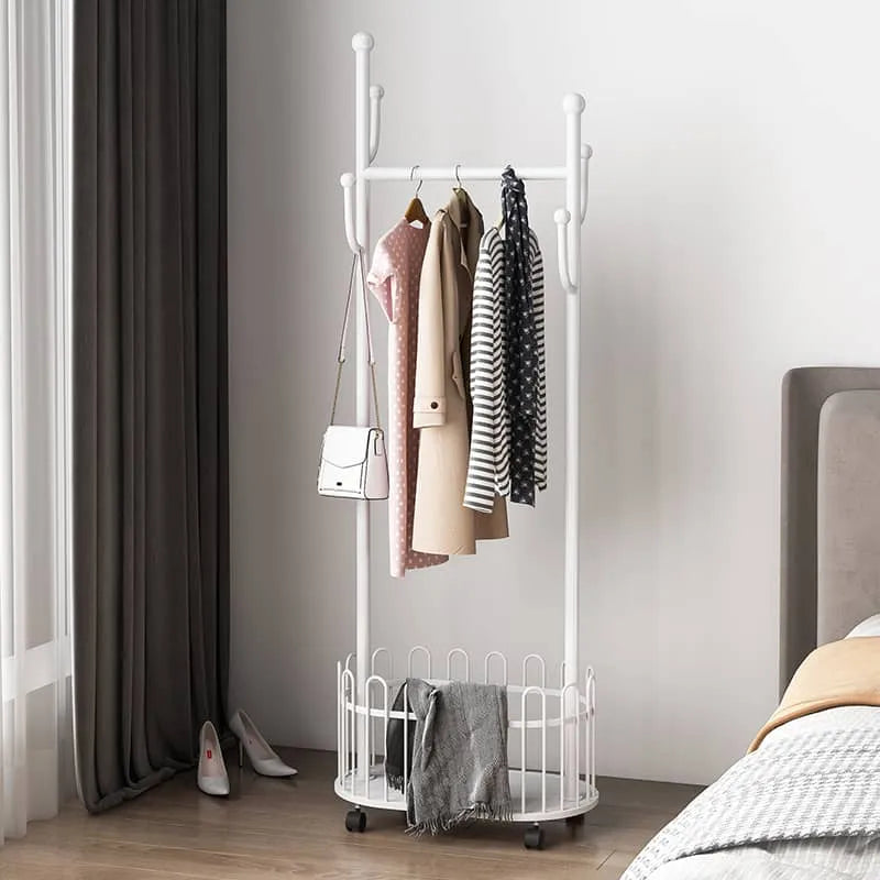 Elegant Metal Coat Hanger with Storage Basket and Wheels for Modern Living Spaces fel-2007