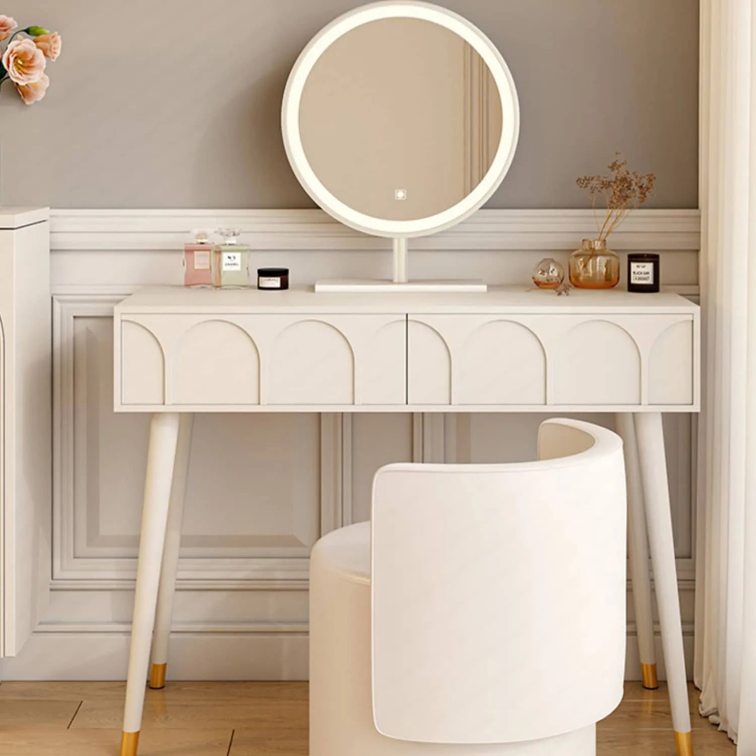 Elegant White Modern Makeup Vanity Table with Mirror and Storage Drawers fel-2022