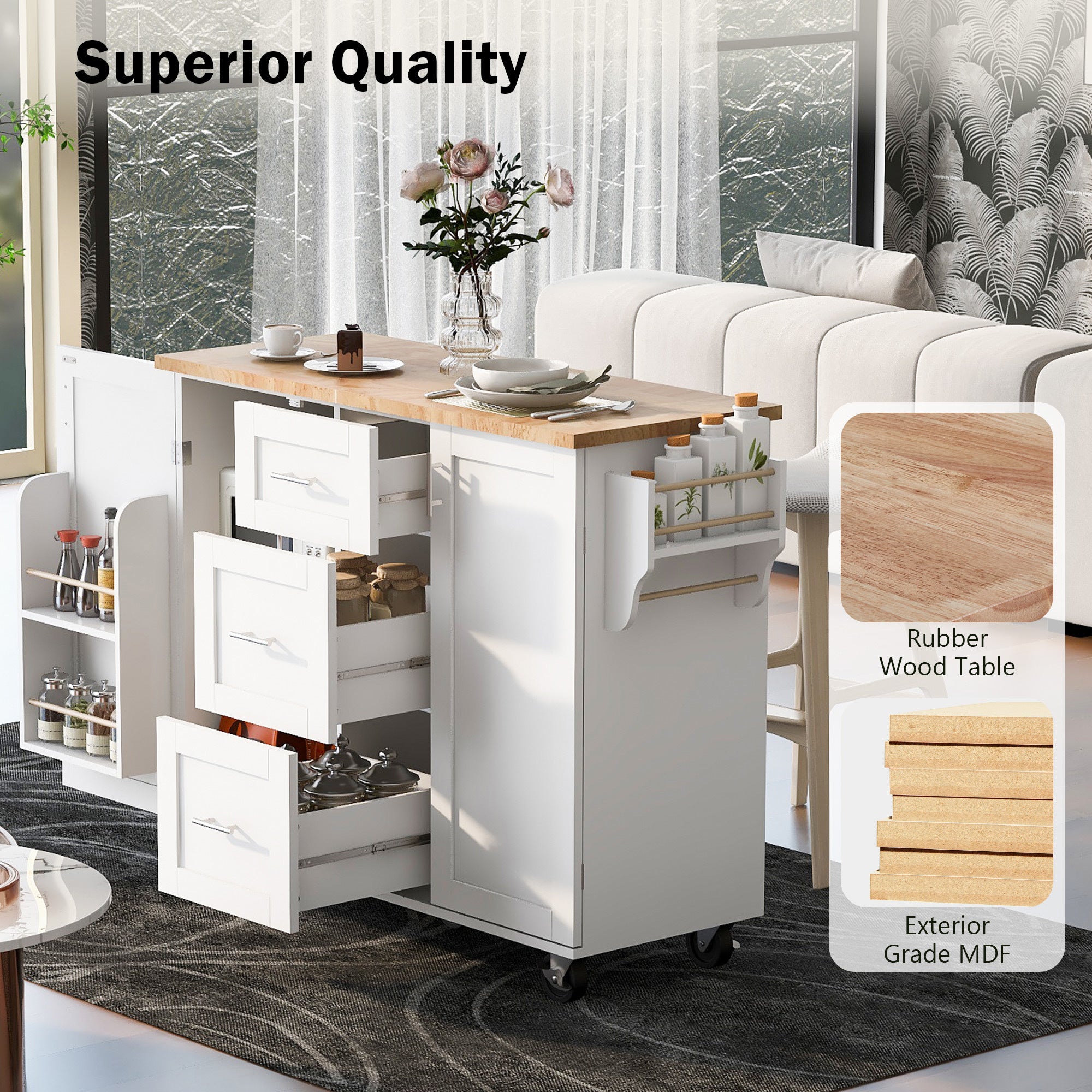 K&K Rolling Kitchen Island with Storage, 3 Drawer, 2 Slide-Out Shelf and Internal Storage Rack, White