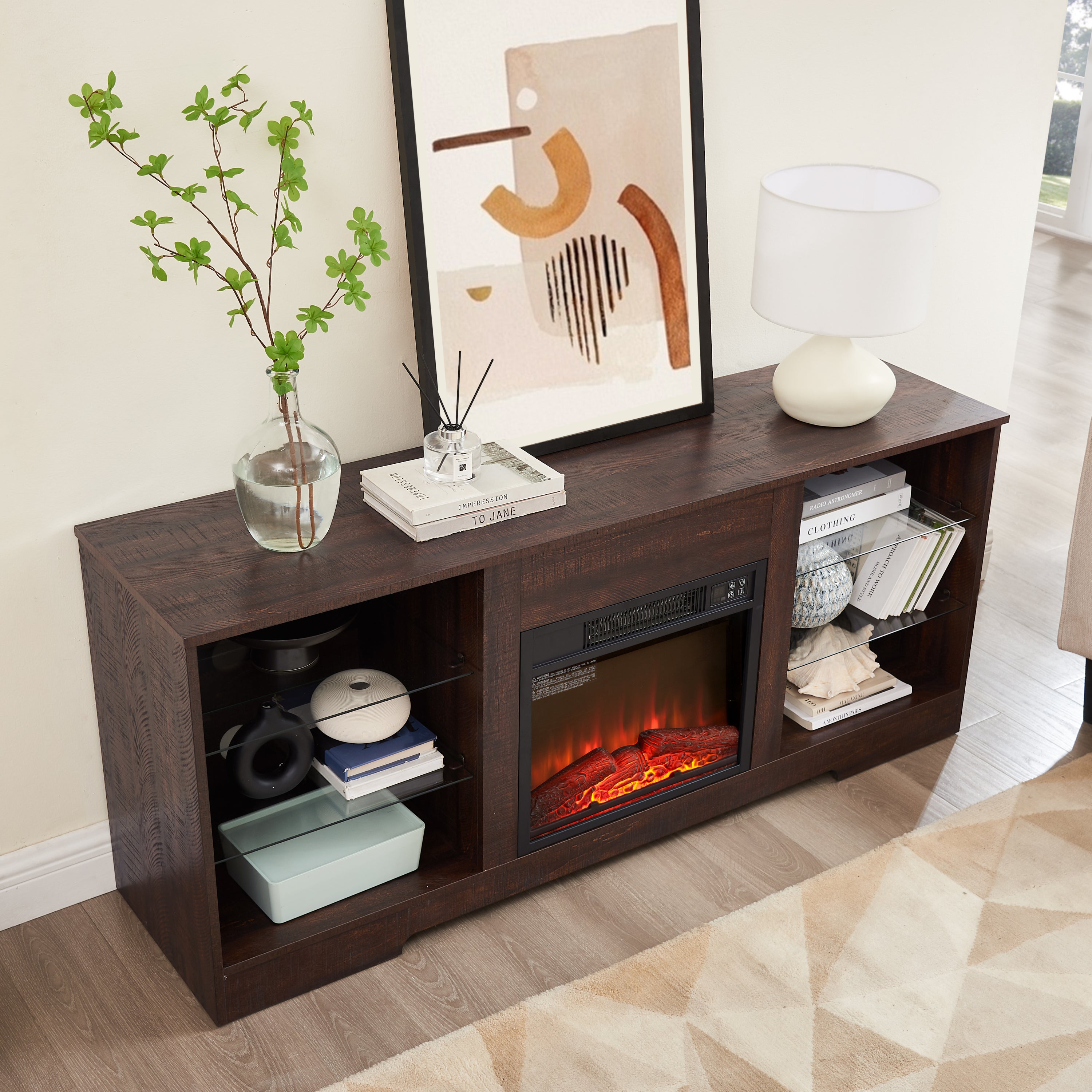 Electric Fireplace TV Stand with Glass Shelves, LED Lights, USB Charging Outlet, Fits TVs up to 62", Dark Brown