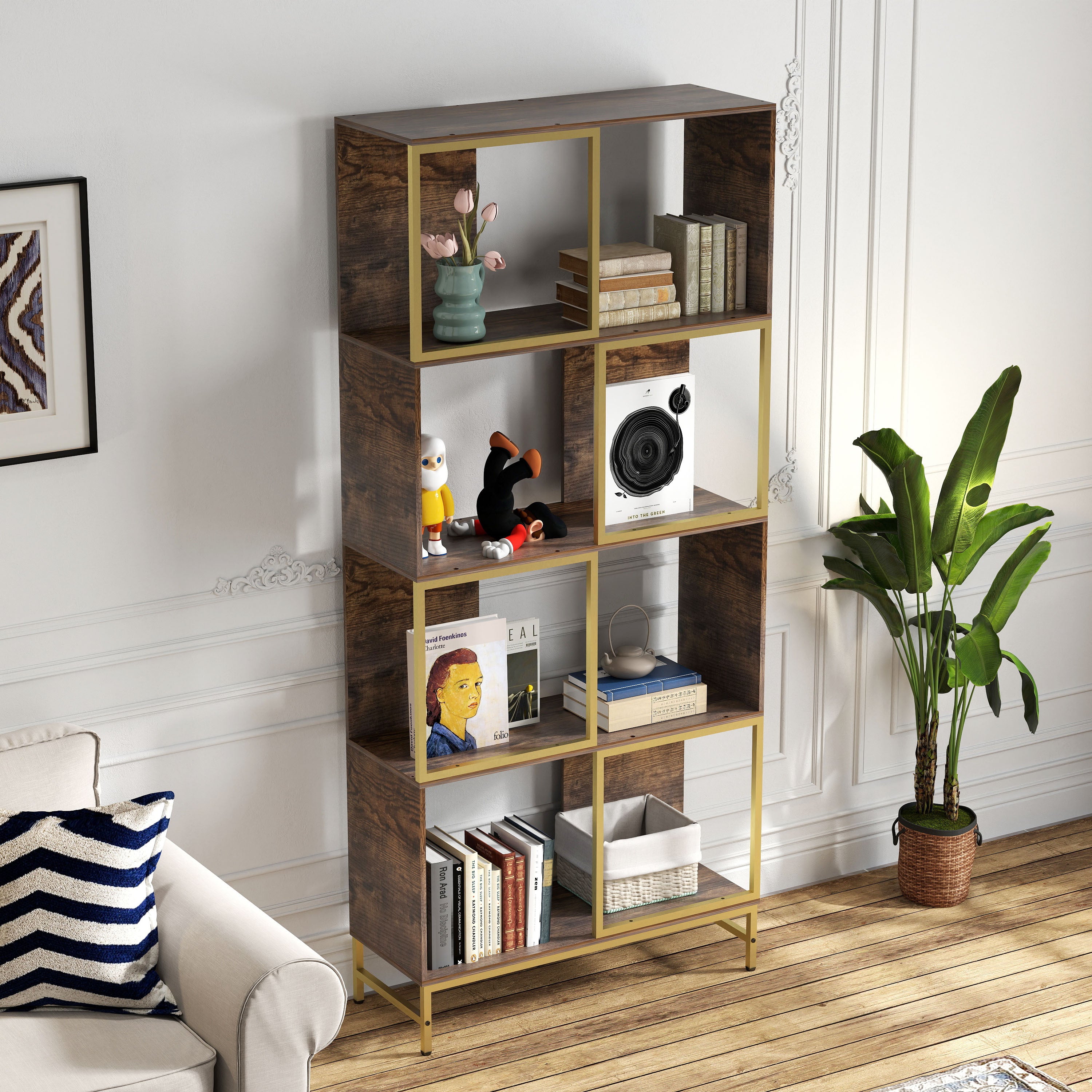 4-Tier Industrial Bookshelf, Asymmetrical Display Shelf