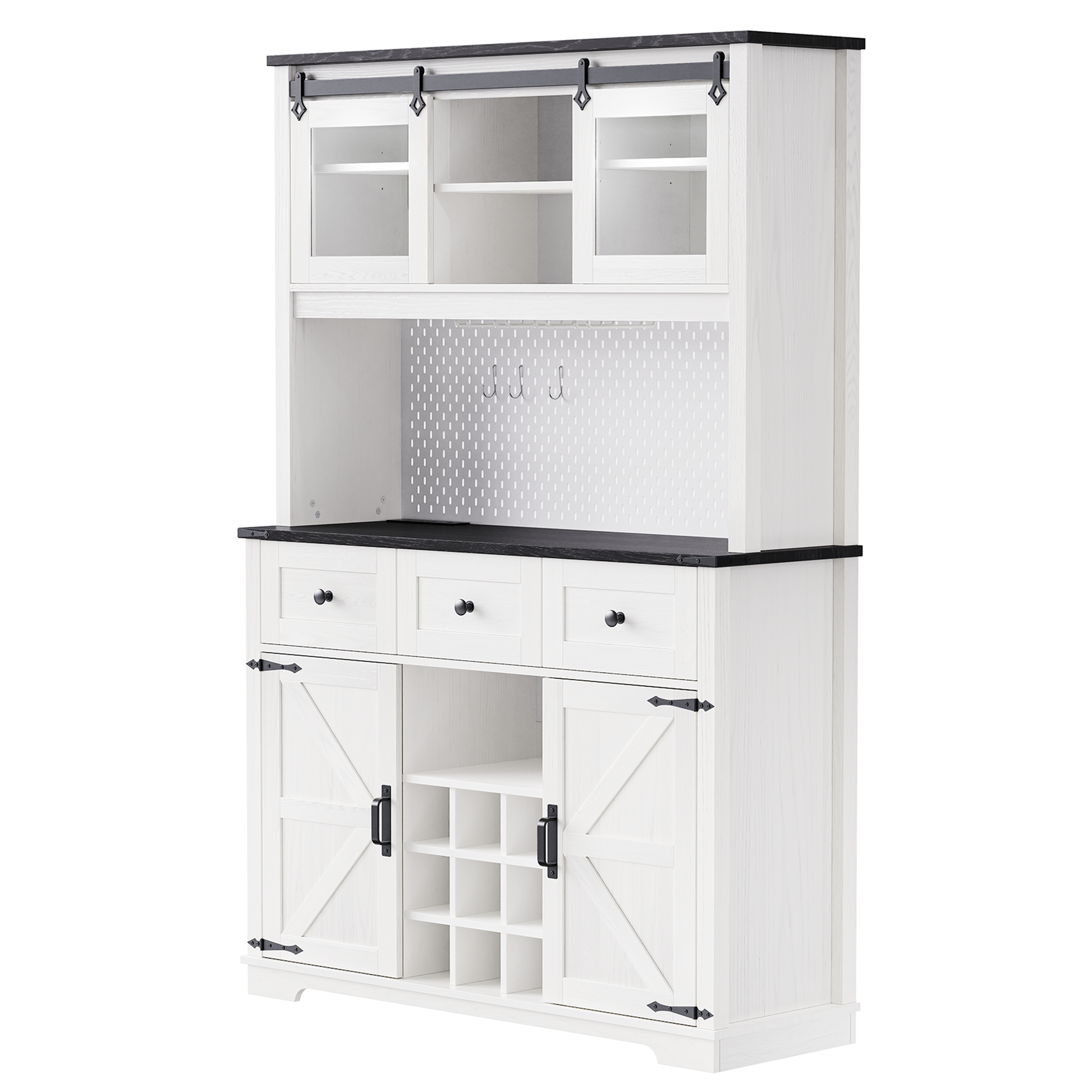 K&K 71" Kitchen Island with Hutch, Sliding Door, Pegboard, Wine & Glasses Rack, Rustic Coffee Bar Storage Cabinet, White