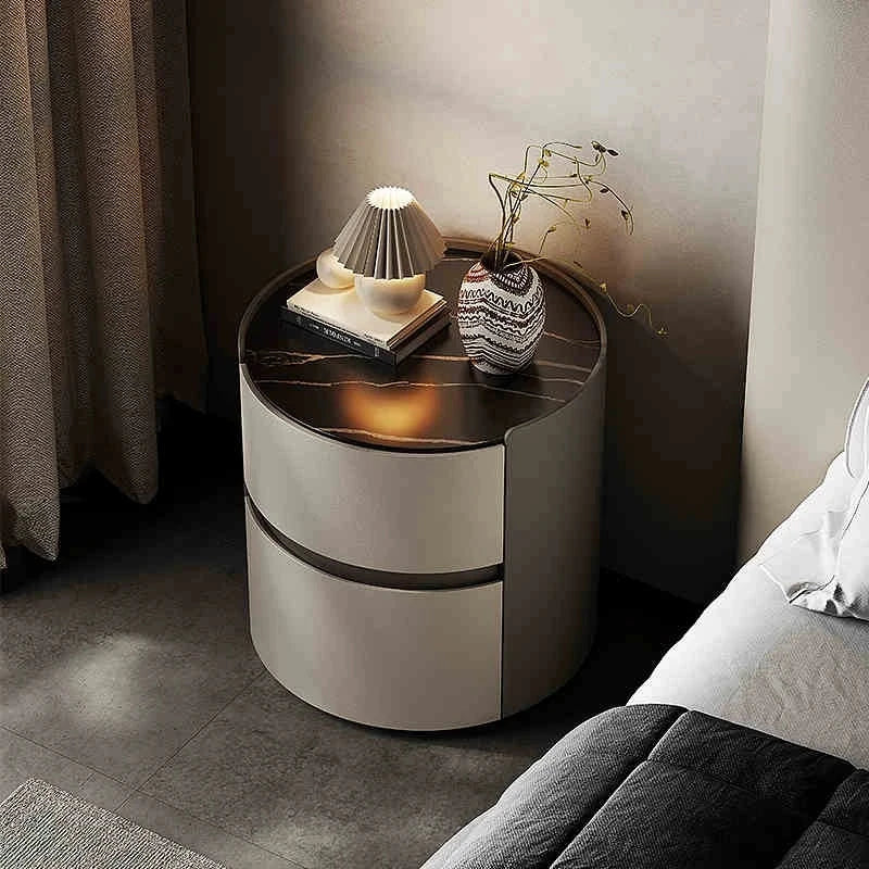 Stylish Modern Bedside Cupboard with Sintered Stone Top & PU Leather Accents - Perfect for Your Bedroom Decor fhx-4573