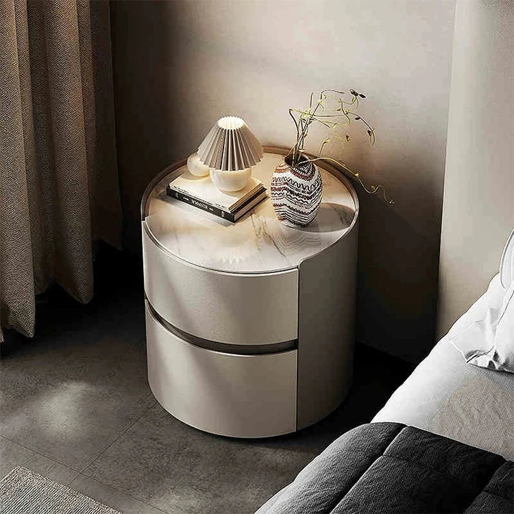 Stylish Modern Bedside Cupboard with Sintered Stone Top & PU Leather Accents - Perfect for Your Bedroom Decor fhx-4573